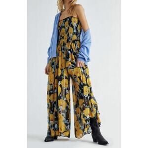 NWT Free People Sophia Floral Jumpsuit-XS-$168 MSRP - Yellow Blk Oversize Flowy